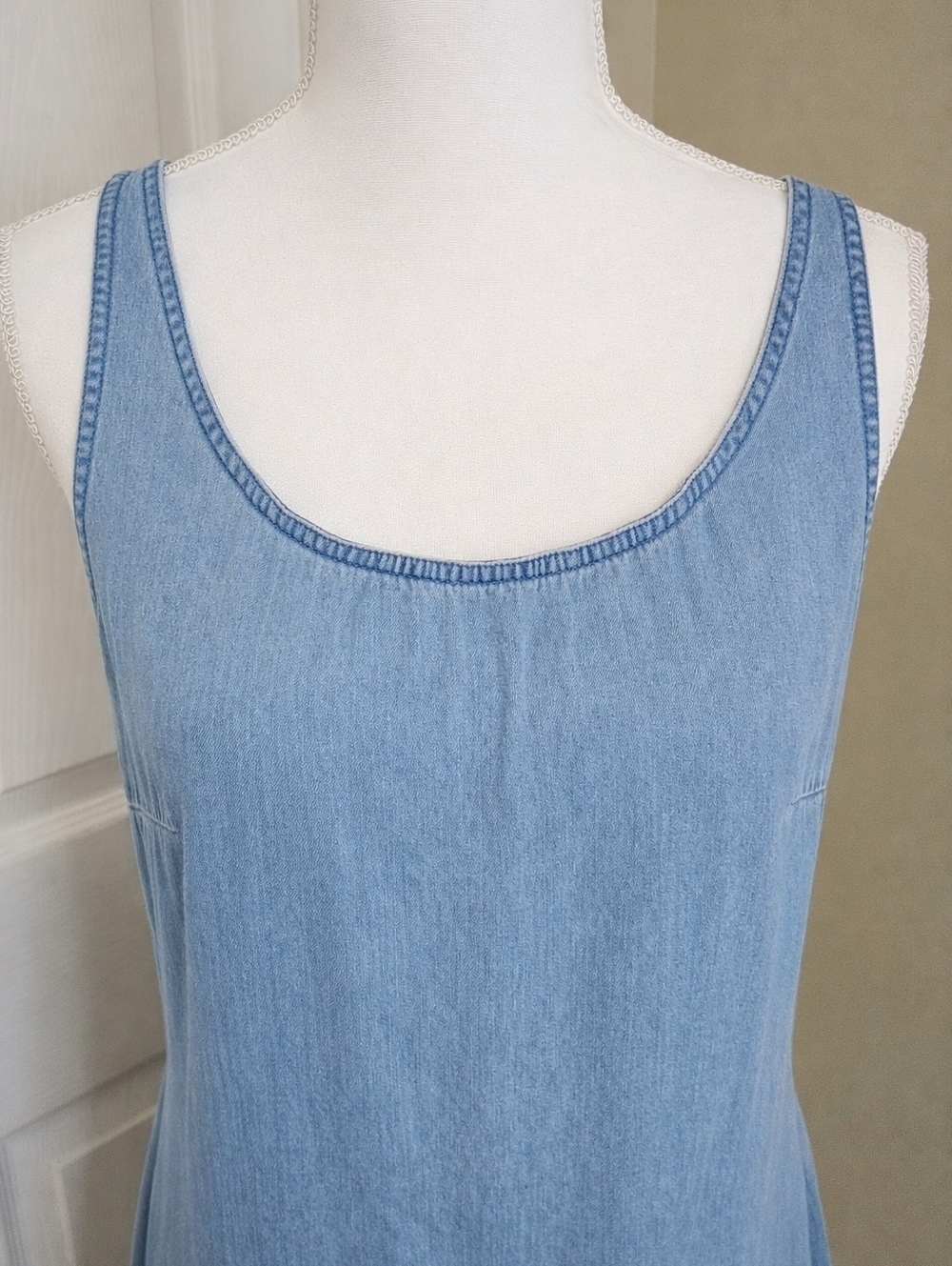 Y2K Denim Jumper Dress Coastal Cowgirl Tropical Monstera Midi Light Wash - Picture 2 of 13